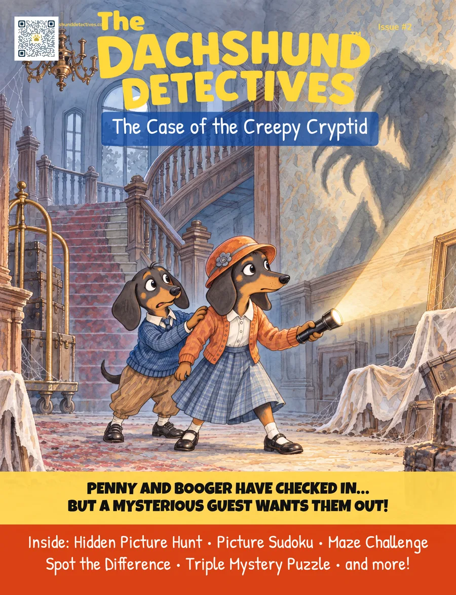 Cover of The Case of the Creepy Cryptid showing Penny and Booger investigating the shadowy Hobart Hotel