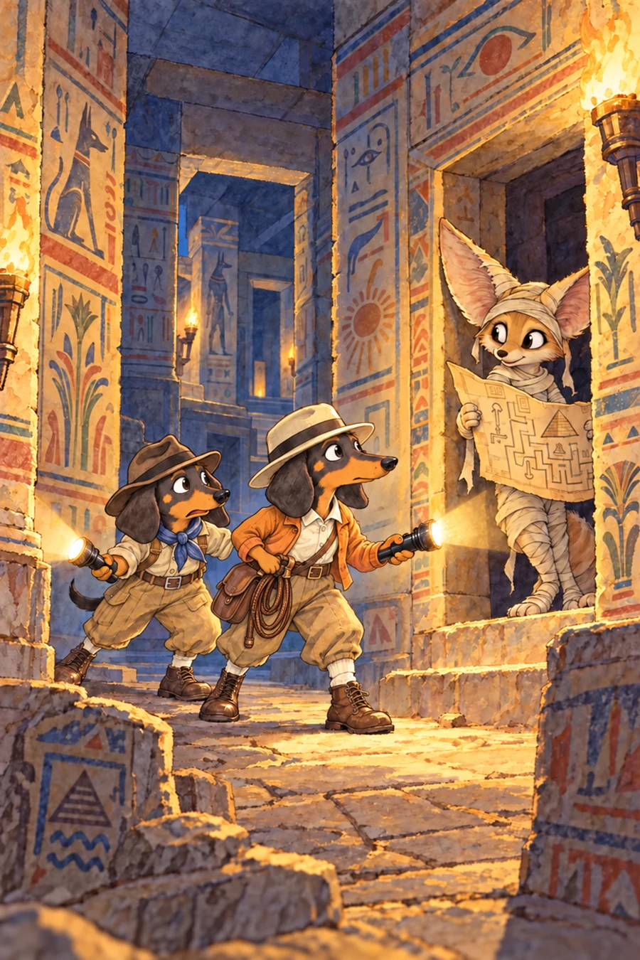 Penny and Booger in period excavation hats meet a friendly fennec-fox mummy as Booger touches the coiled whip at his belt