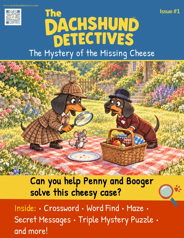 Cover artwork showing Penny examining the picnic clues while Booger sits beside a basket of cheese