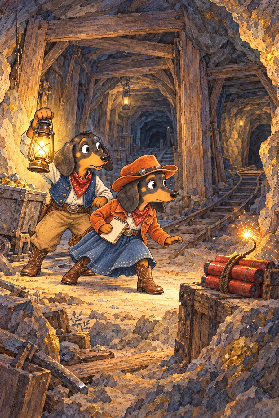 Penny and Booger in cowboy clothes discovering a lit dynamite fuse inside an old gold mine