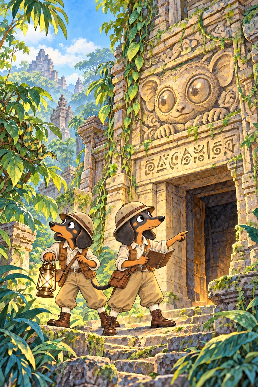 Penny and Booger in pith helmets at a sunlit tarsier-faced temple as Booger turns toward a snake hidden in the leaves