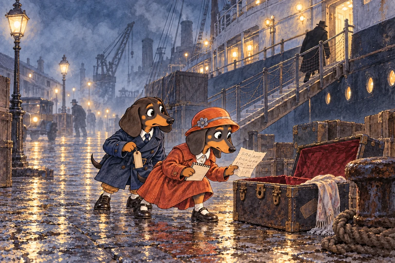 Penny studies a coded note while Booger watches closely beside her at a rainy harbor