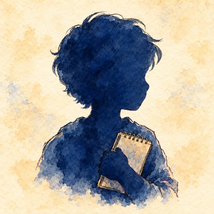 Watercolor silhouette of a reader holding a detective notebook