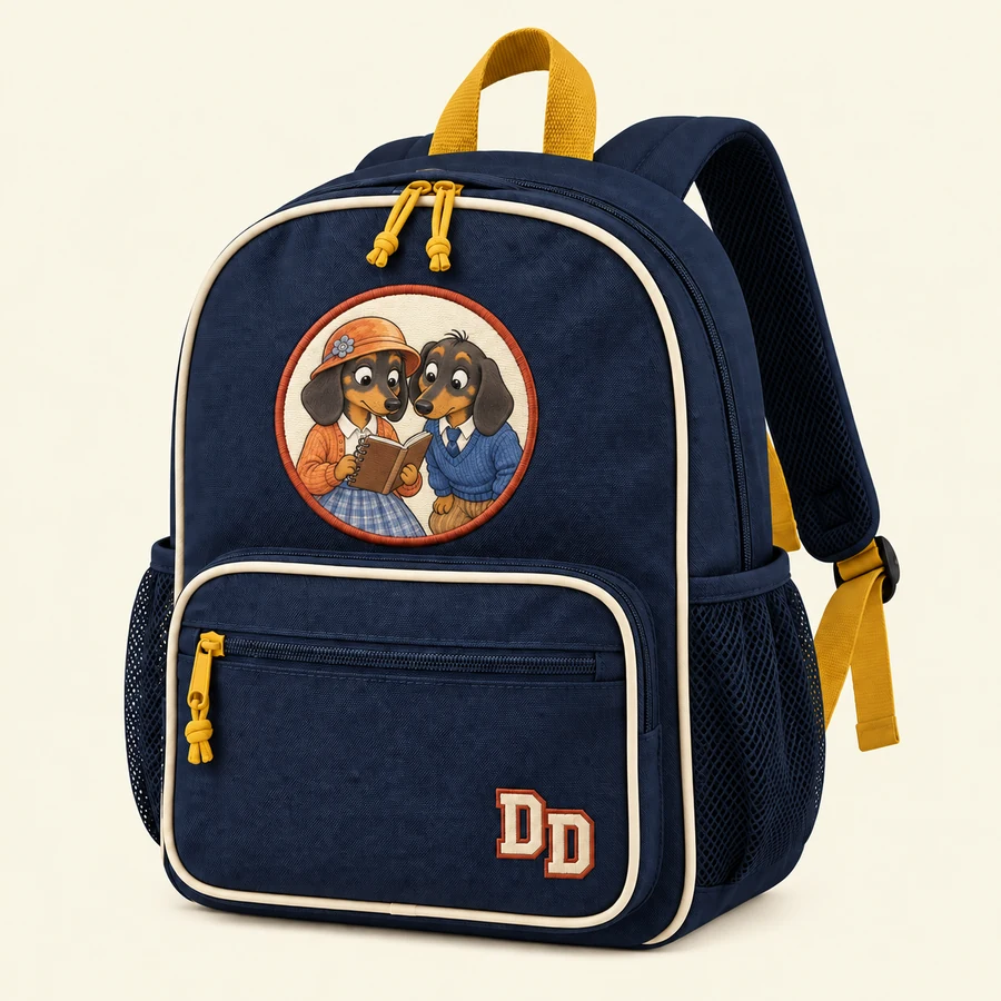 Dachshund Detectives concept backpack with character artwork