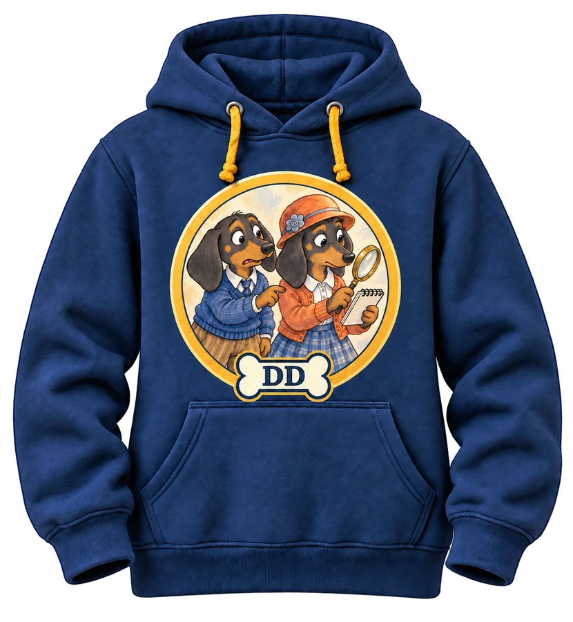 Blue Dachshund Detectives concept hoodie with illustrated Penny and Booger artwork