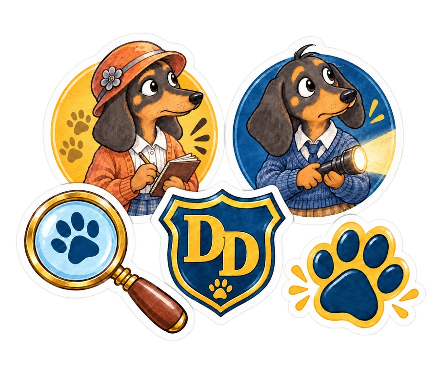 Dachshund Detectives concept sticker pack with character and badge designs