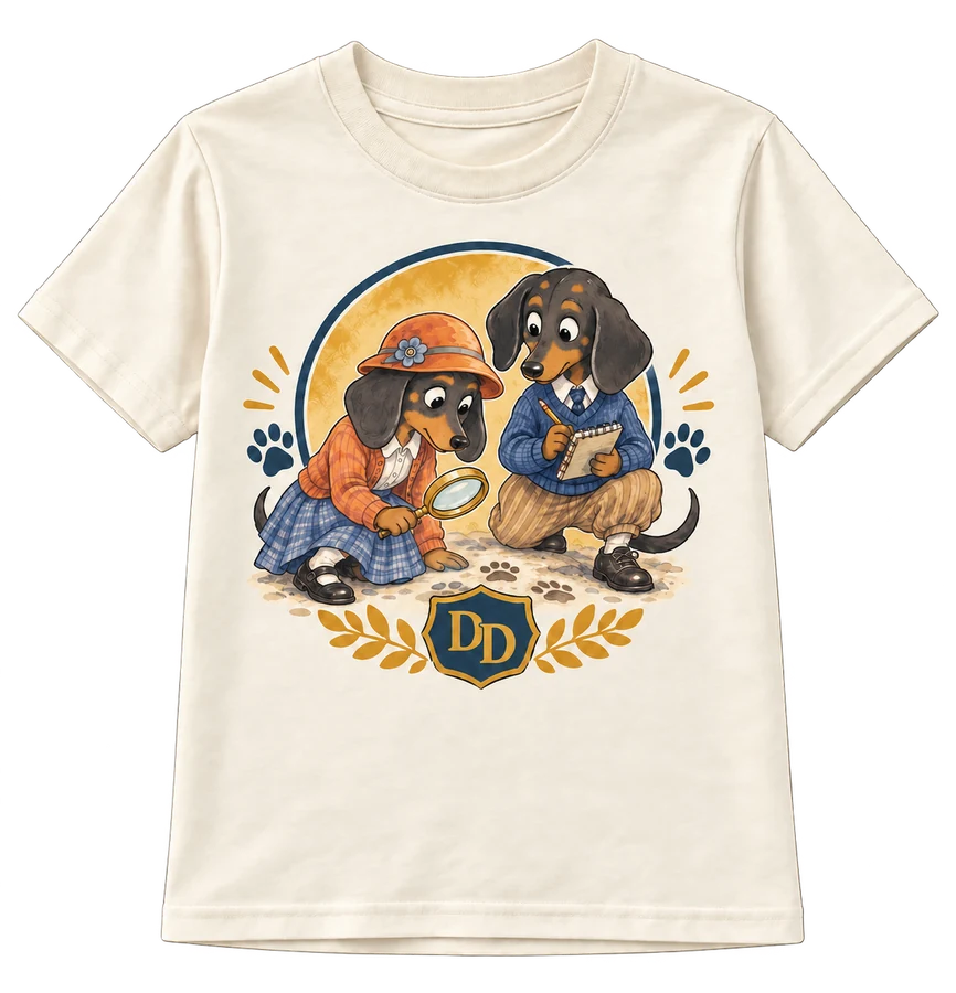 Dachshund Detectives concept T-shirt with illustrated detective characters