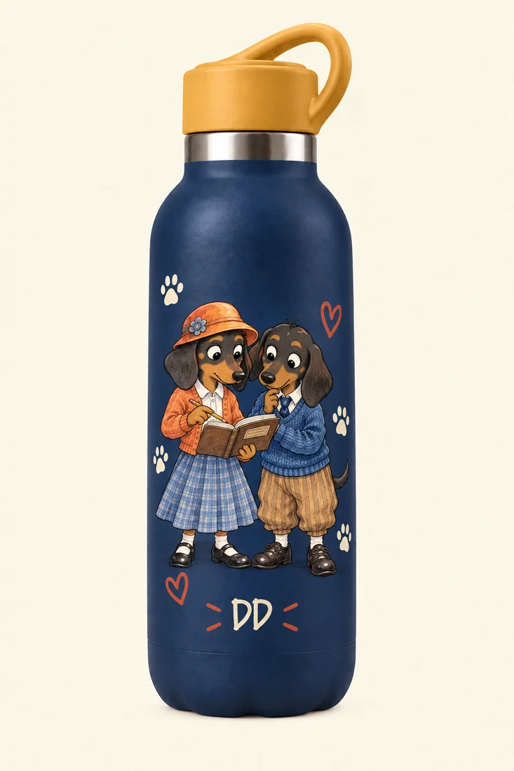Dachshund Detectives concept water bottle with blue and gold character design
